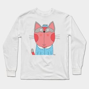 Cat Goof Portrait Blue Shirt Polka Dot Blue Crown Long Sleeve T-Shirt